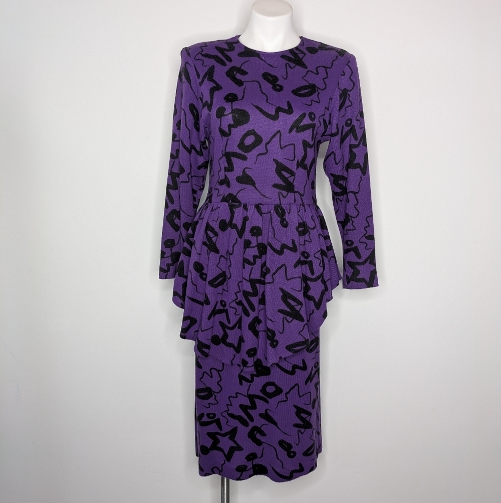 Vintage Purple Black Abstract Star Knit Peplum Long Sleeve Sweater Dress S/M